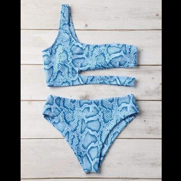 Snakeskin Cut Out One Shoulder Bikini Swimsuit - Picture 1 of 8